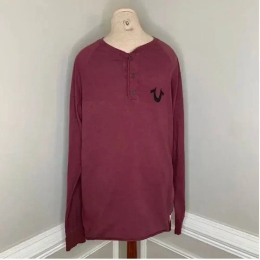 True Religion Men's Vintage Buddha Classic Flocked Horseshoe Slub Henley Size XL